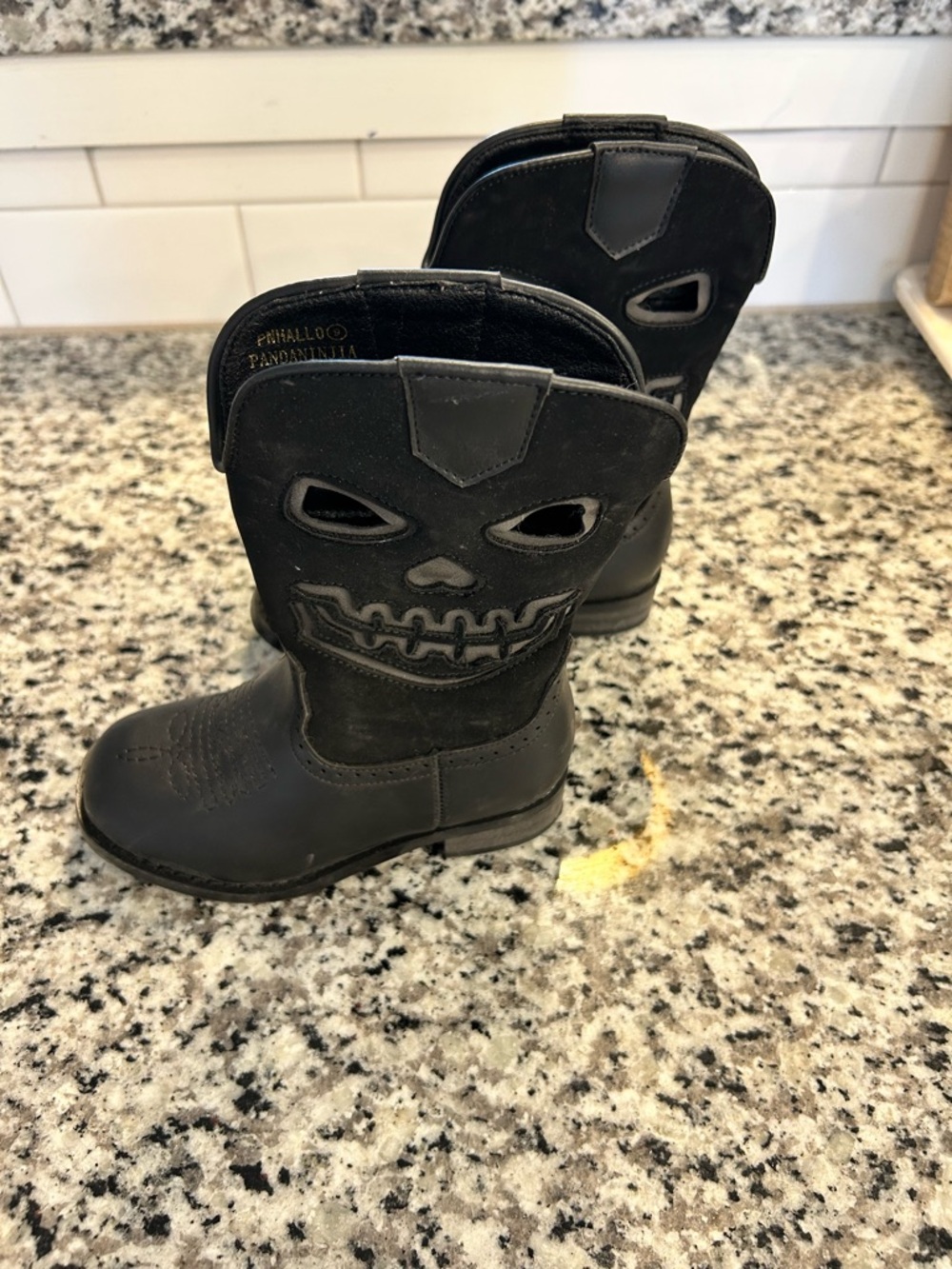 Black Kids' Skull Cowboy Boots with Gold Brand Stamp